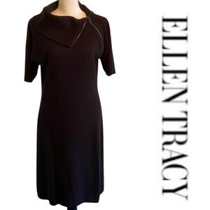 Ellen Tracy Black Knit Sweater Dress with Zip Collar Size Medium